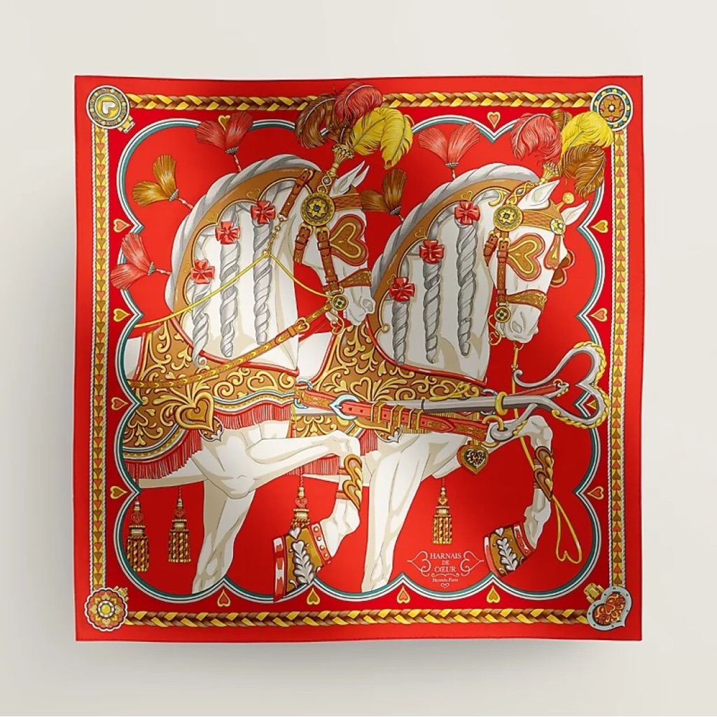 Hermes Ornate Horse Red 90cm Silk Scarf Authentic